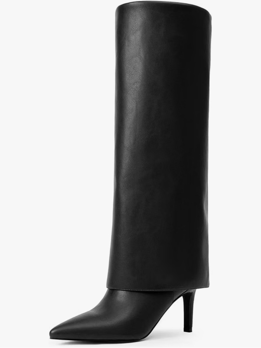 Black Knee High Pointed-Toe Vegan Leather Foldover High Heeled Boots Sz 8.5